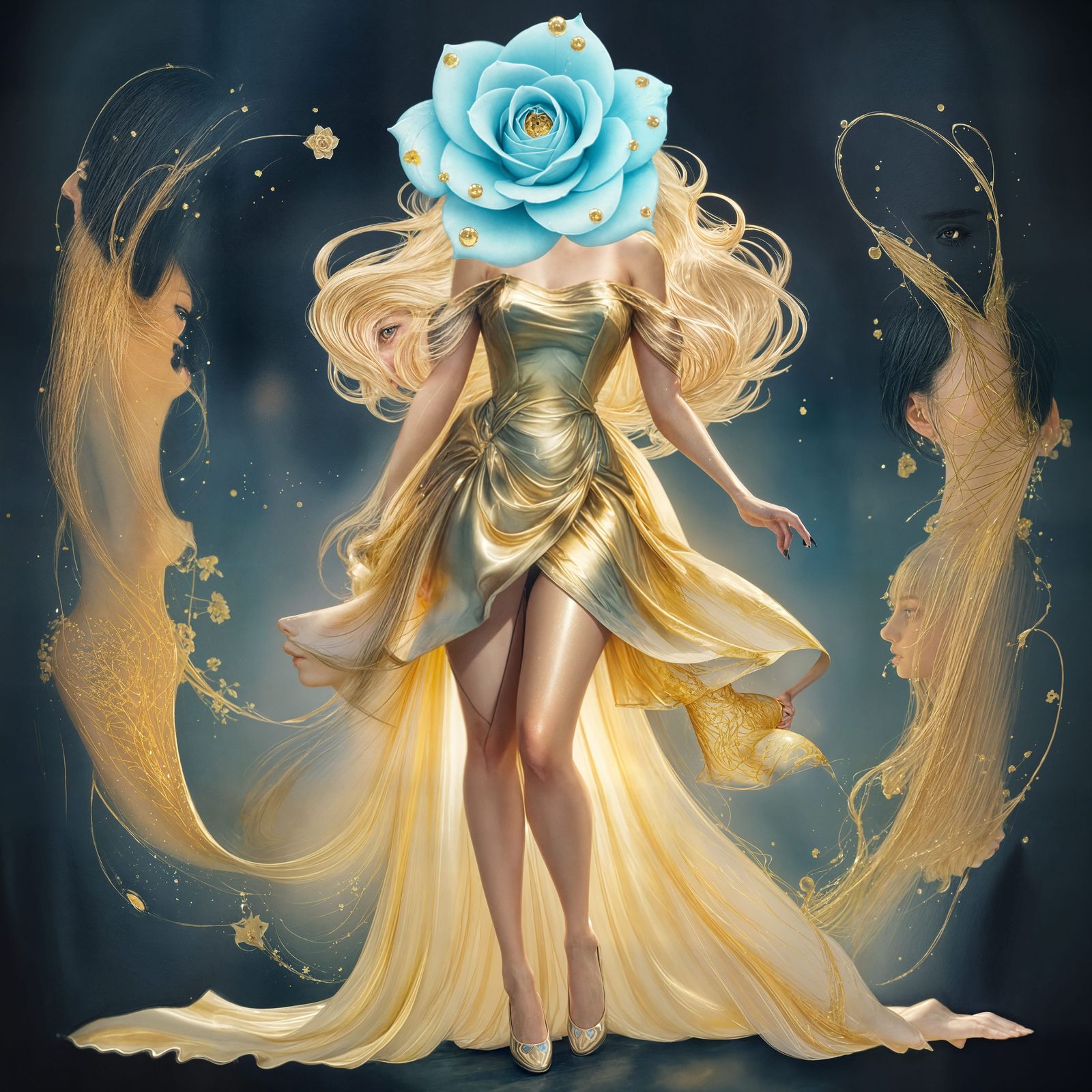 Pin-Up Woman in Metallic Black and Gold Dress