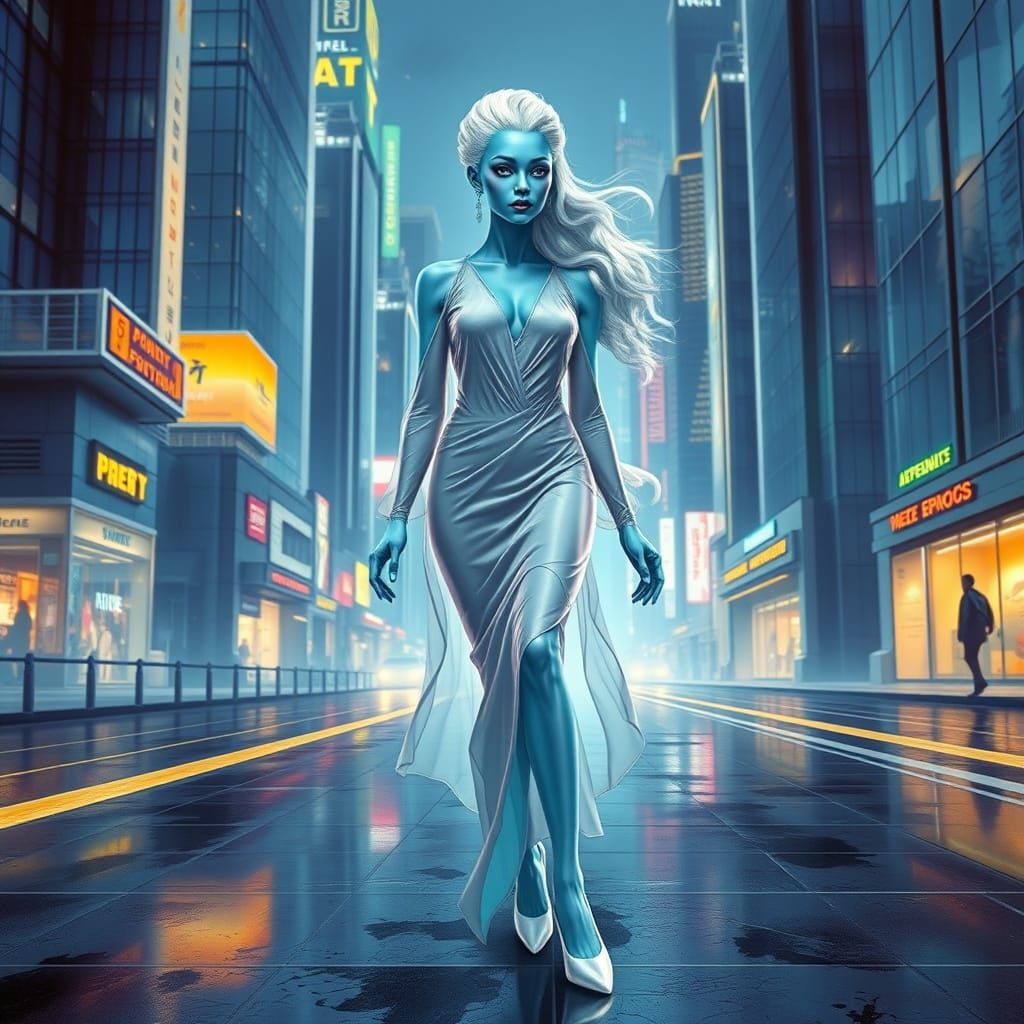 Extraterrestrial Goddess Striding Through Futuristic Citysca...