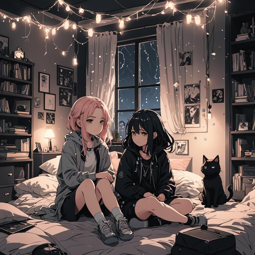 Anime Girls Drawing in Dark, Rainy Bedroom
