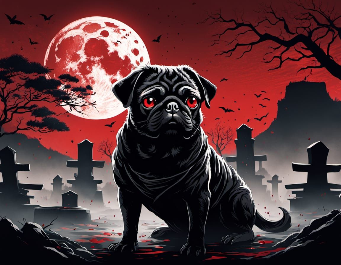 Dark Fantasy Pug Silhouette, Japanese Katana, Blood-Red Moon
