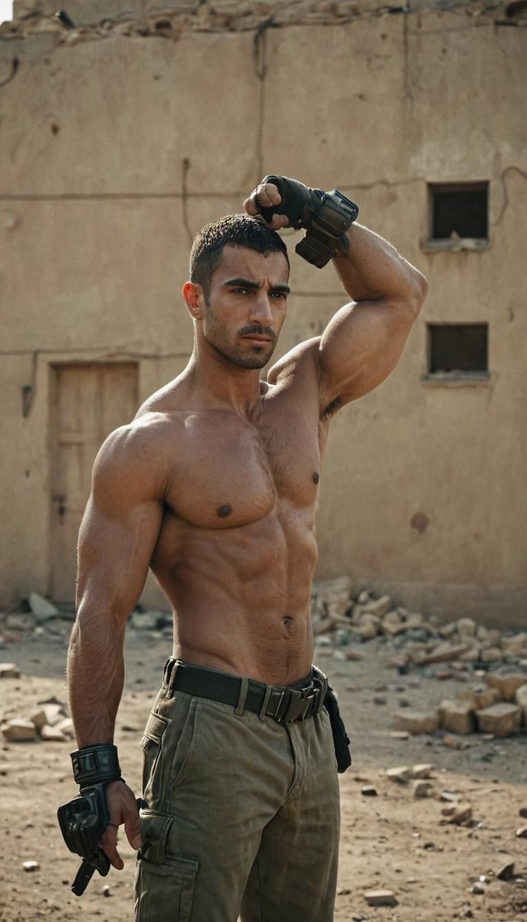 Cinematic Bodybuilder in Military Gear, Gritty Realism
