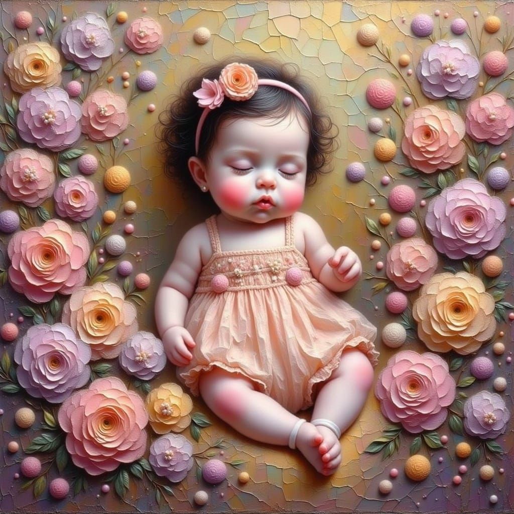 Baby Girl Surrounded by Flowers in Impasto Style