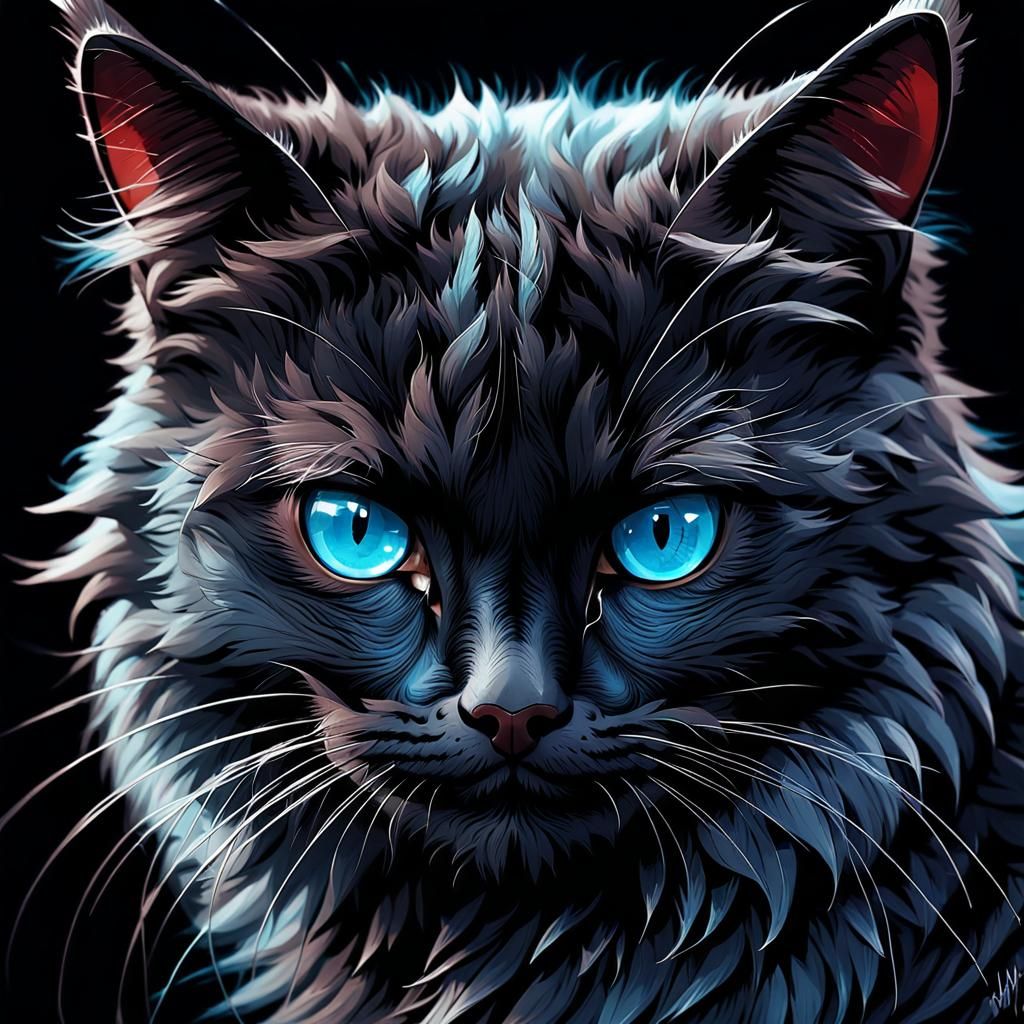 Fluffy Dark Cat with Blue Eyes: Digital Art