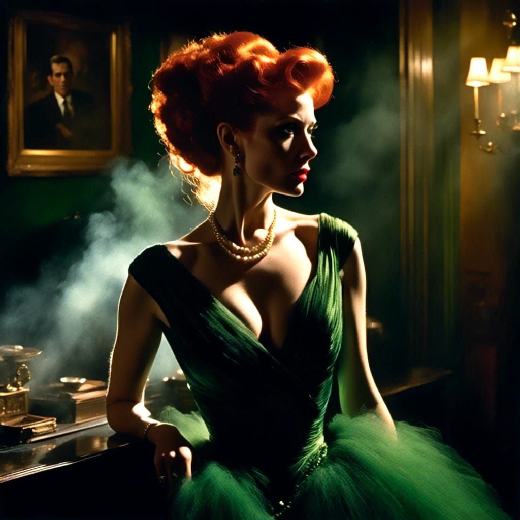 Elegant Woman in Dark Doorway, Film Noir Impressionism