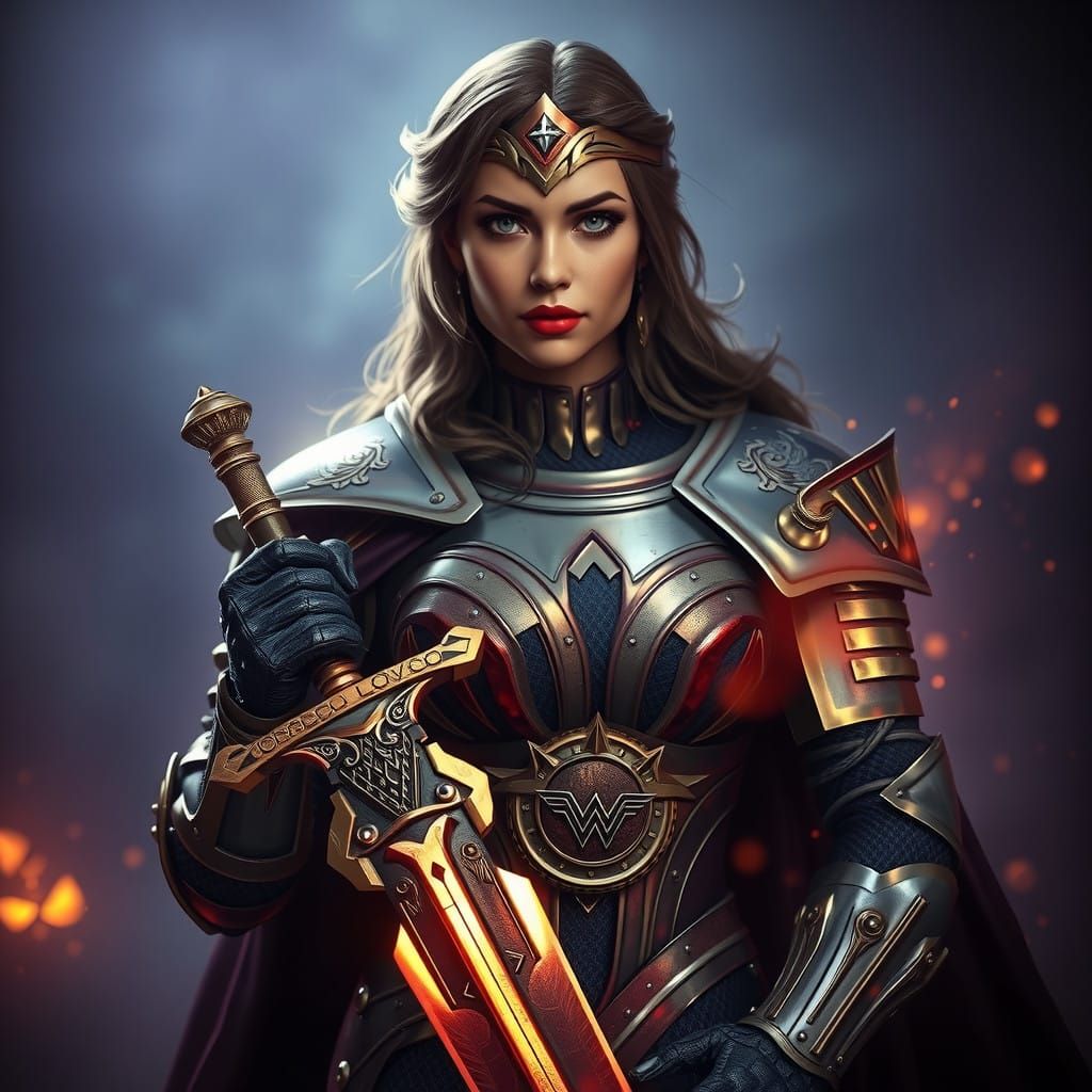 Epic Female Knight in Battle Armor with Wonder Woman Emblem