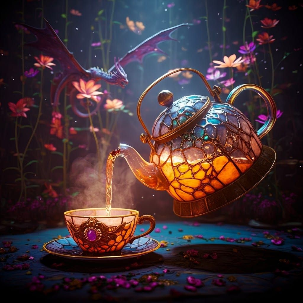 Cosmic Tea Kettle with Dragons in Digital Art