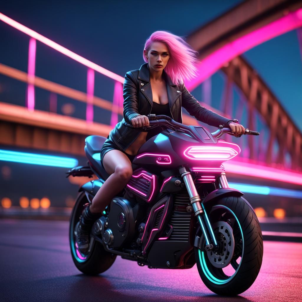 Futuristic Neon Motorbike Rider in Cyberpunk Style