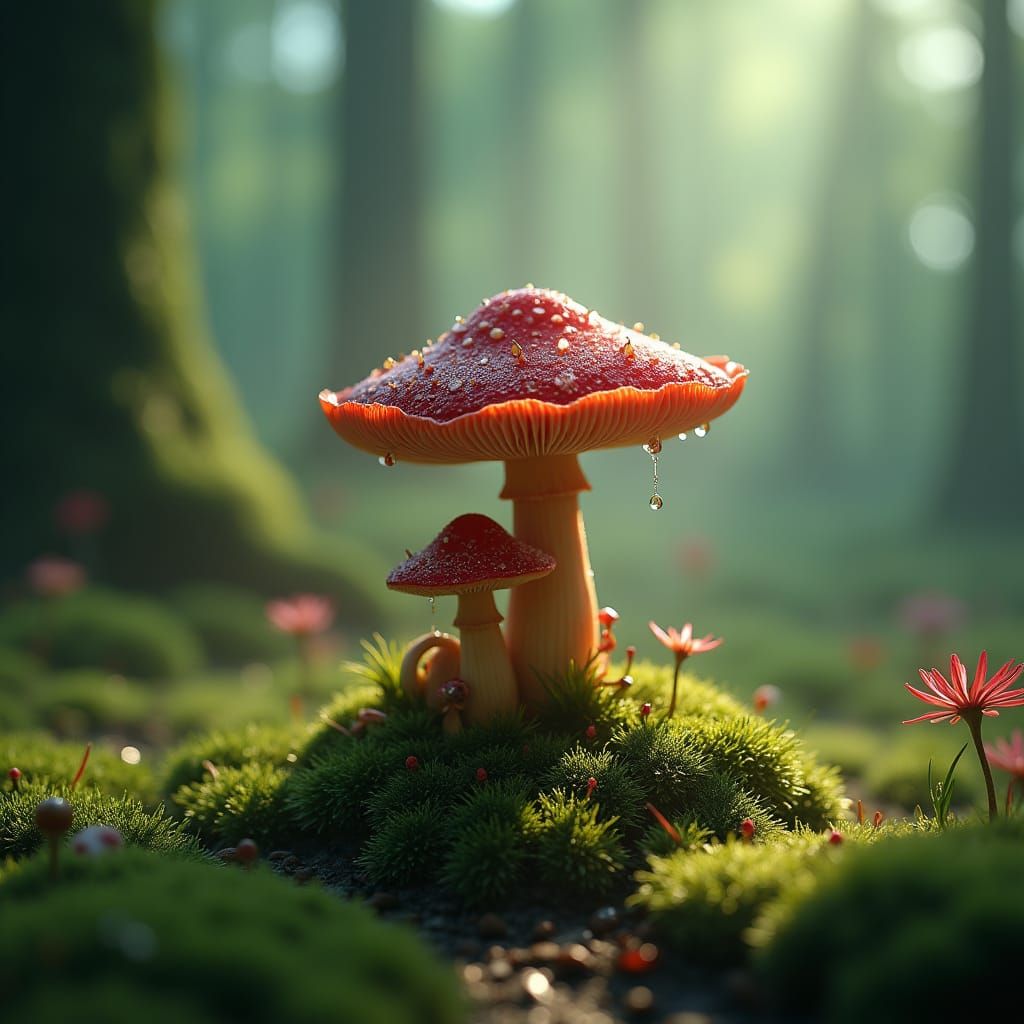 Mushroom Creature on Toadstool in Enchanted Forest