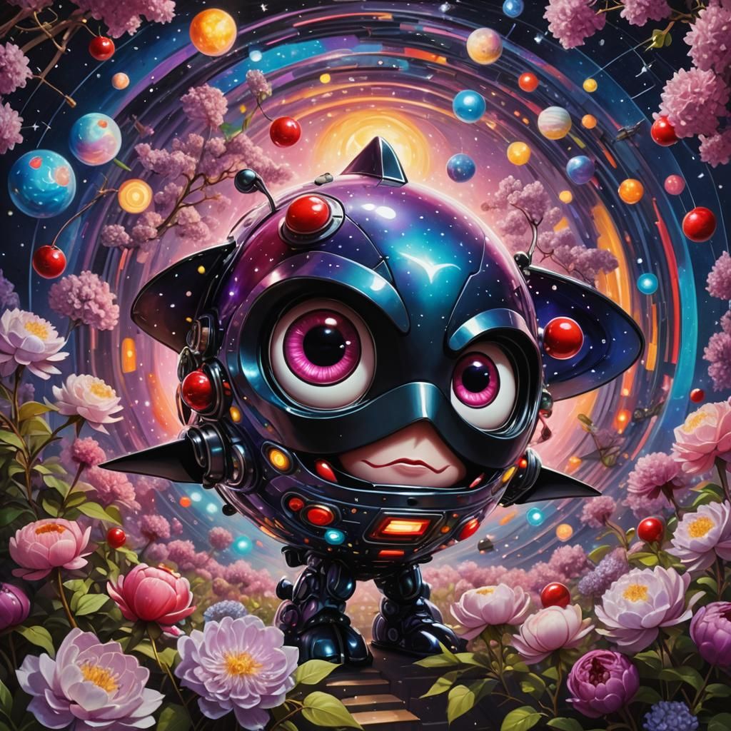 Cute Cherry Amused by Spaceship in Hyperrealistic Art