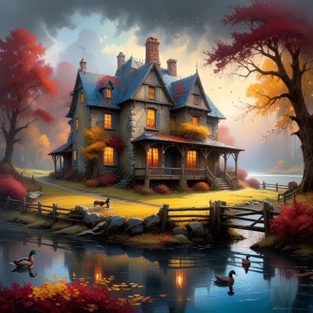 A Dilapidated Medieval Manor Amidst Autumn Splendor in a Vib...