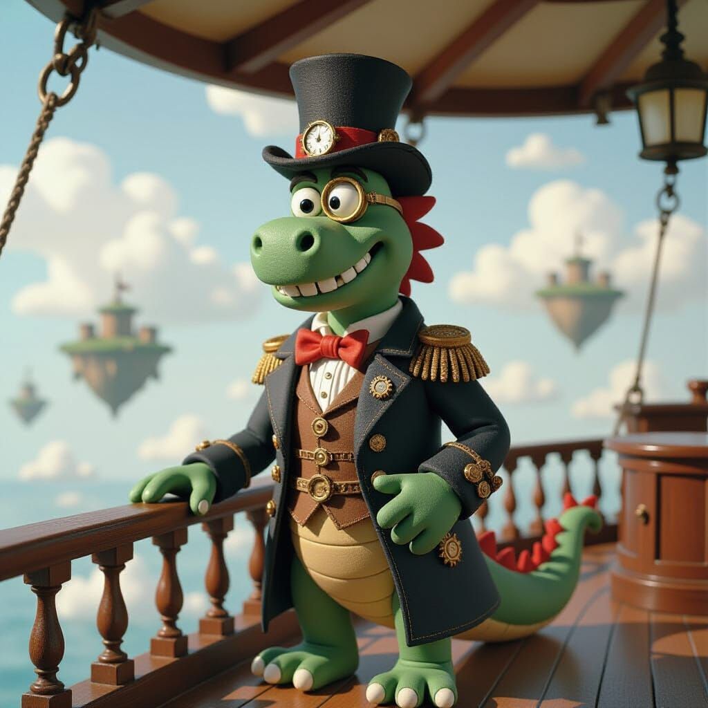 Steampunk Dragon Airship Captain in Claymation Style