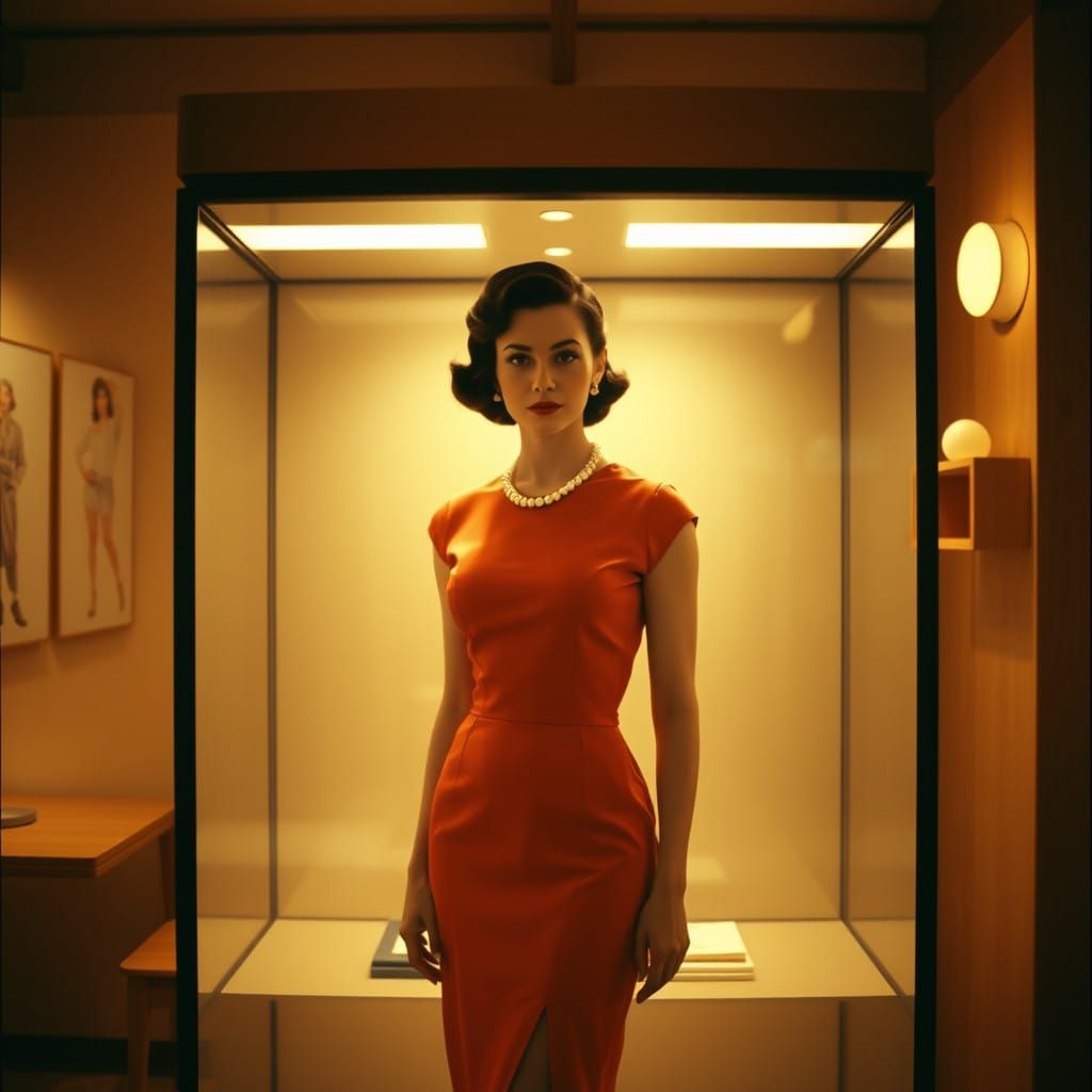 Serenely Elegant Woman in Mid-Century Display Case