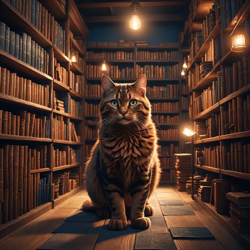 Fantasy Cat Among Bookshelves in Matte Painting Style