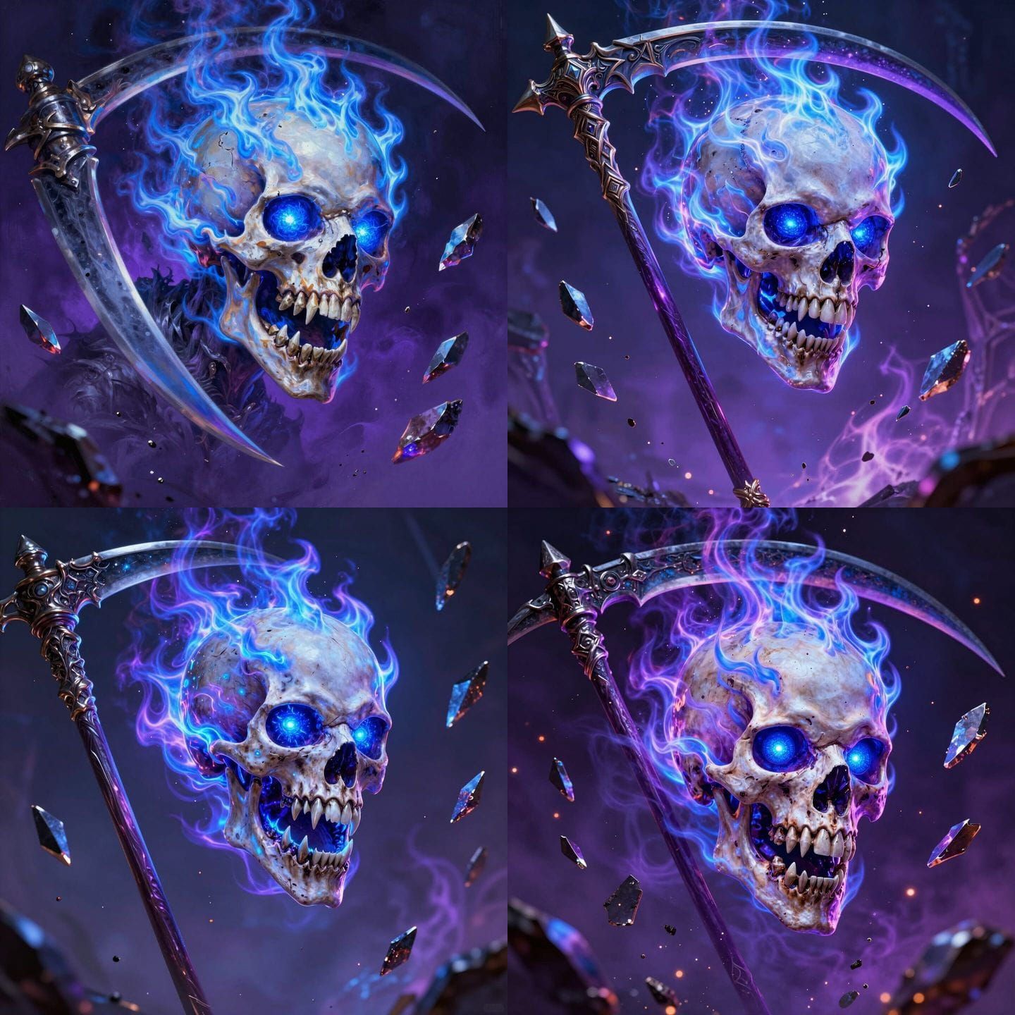 Surreal Flaming Skull with Blue Flames and Scythe