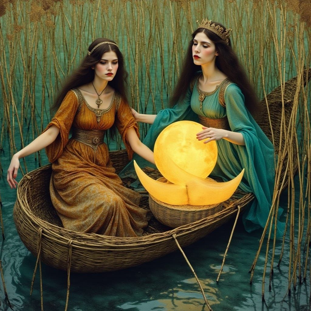 Regal Priestesses Navigate Reeds With Glowing Moon