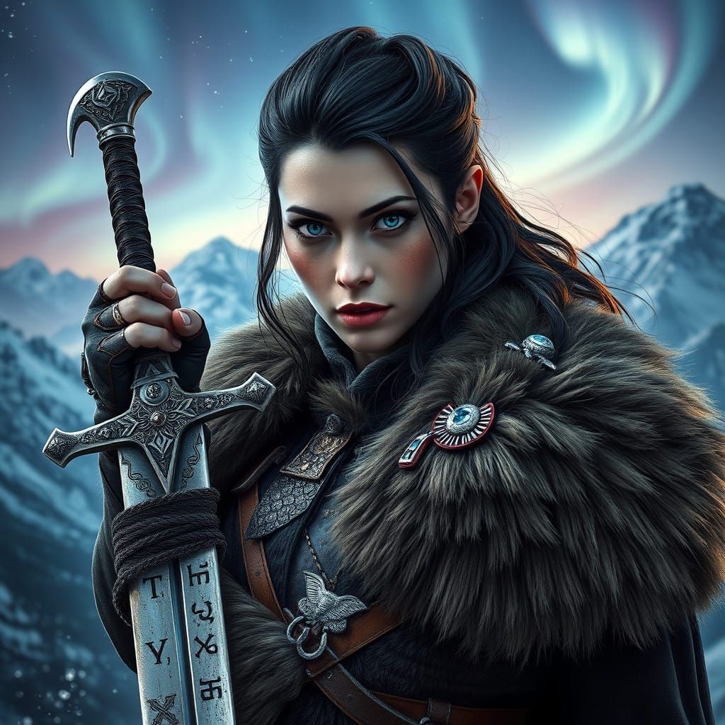 Nordic Warrior Woman in Snowy Mountain Landscape