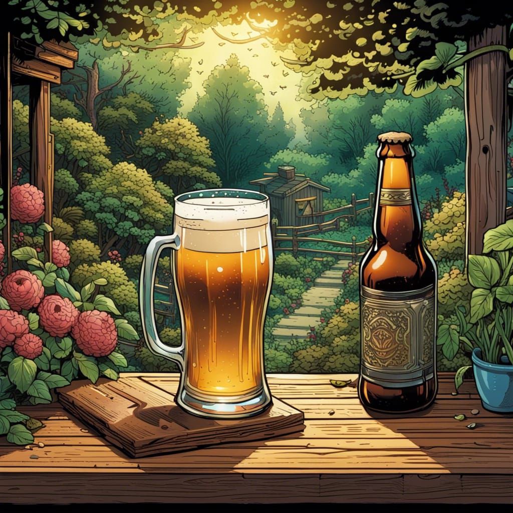 Refreshing Beer in Garden, Comic Book Art Style
