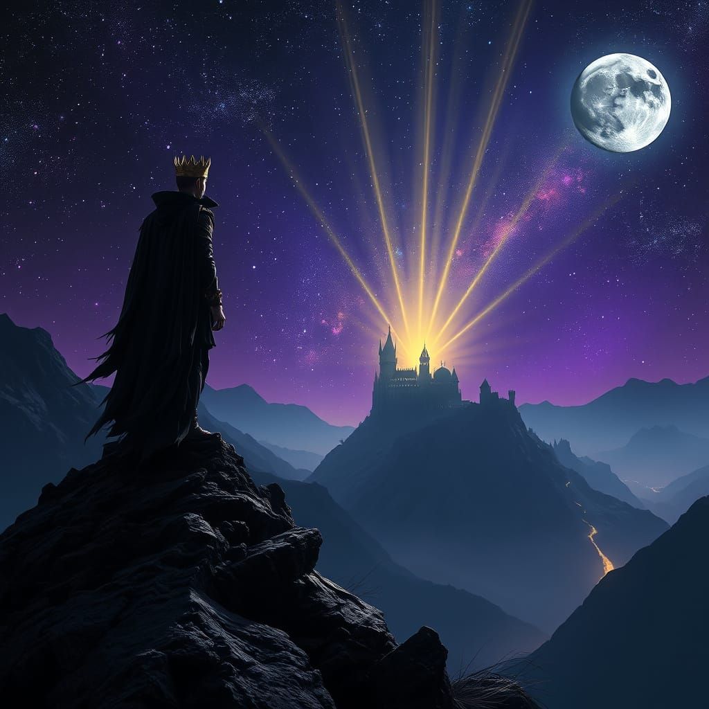 Moon Prince Gazing at Castle Under Starry Galactic Sky