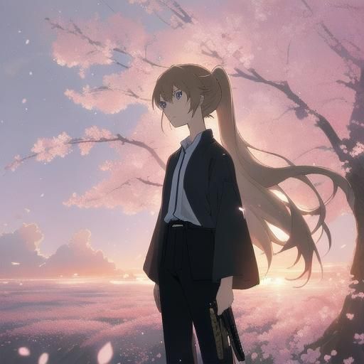 Anime Girl with Katana in Cherry Blossom Landscape