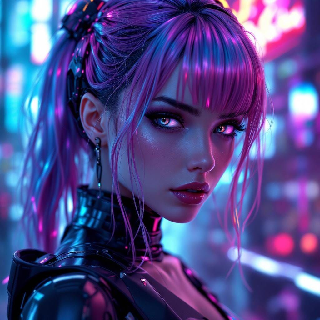 Cyberpunk Lady with Robotic Hair in Neon Cityscape
