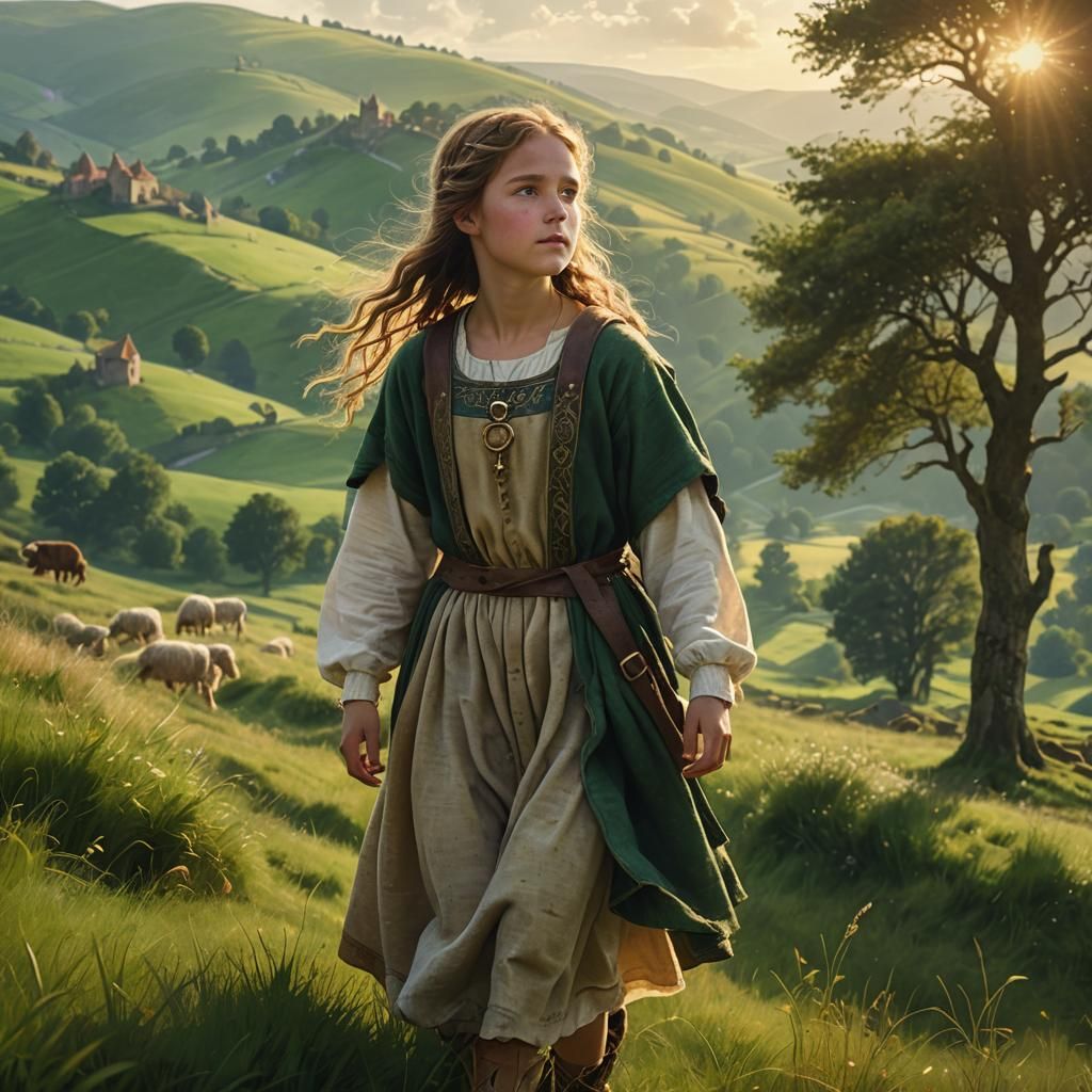 Shepherdess in Sunlit Landscape: Digital Painting