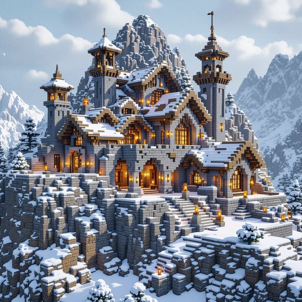 Minecraft Base Integrated into Snowy Grass Mountain