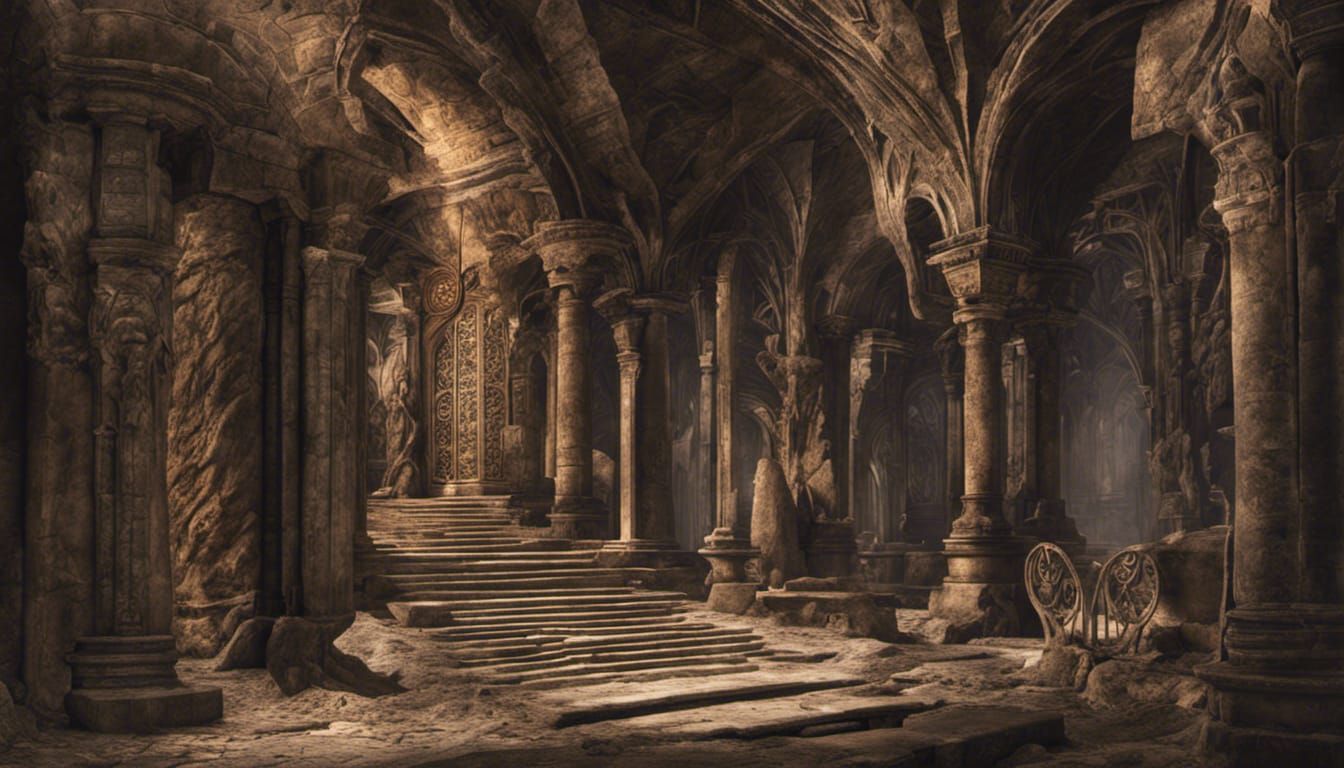 Ornate Crypt with Carved Tombs: Fantasy Art