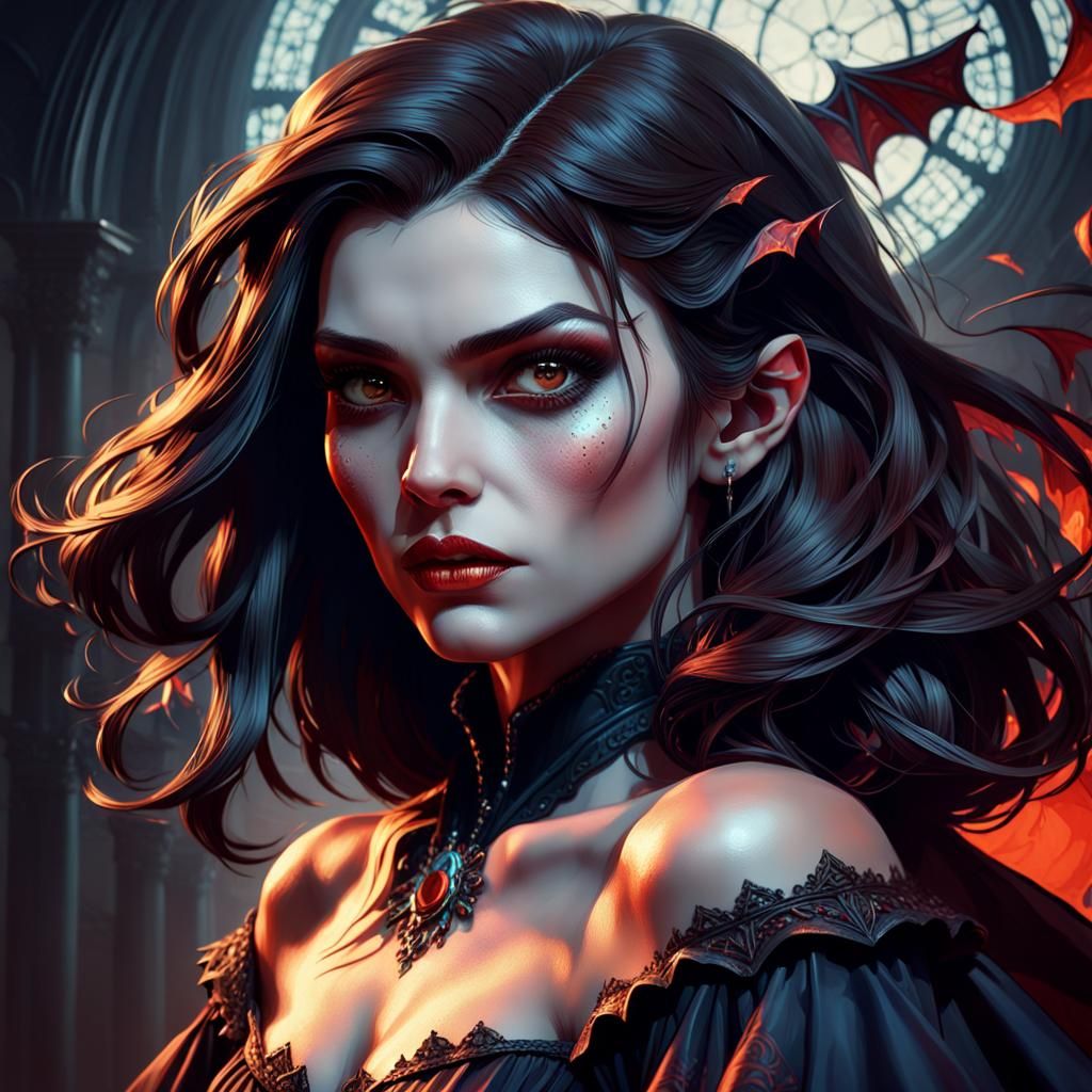 Brunette Vampire Portrait in Hyperdetailed Art Style