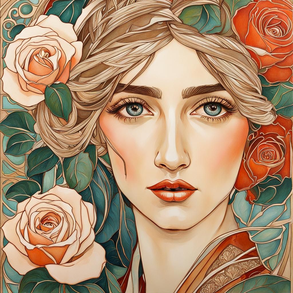 Portrait in Mucha Style with Roses