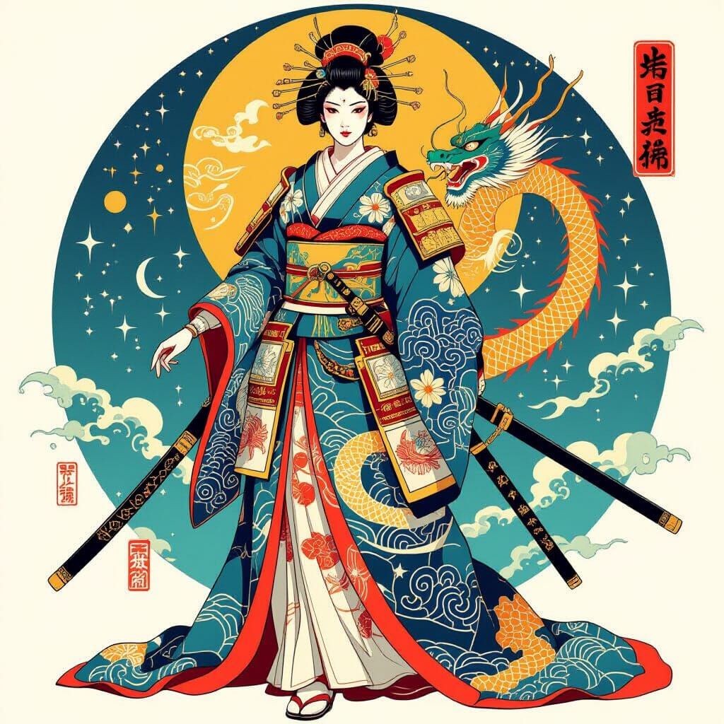 Japanese Warrior Goddess in Armored Kimono, Ukiyo-e Style