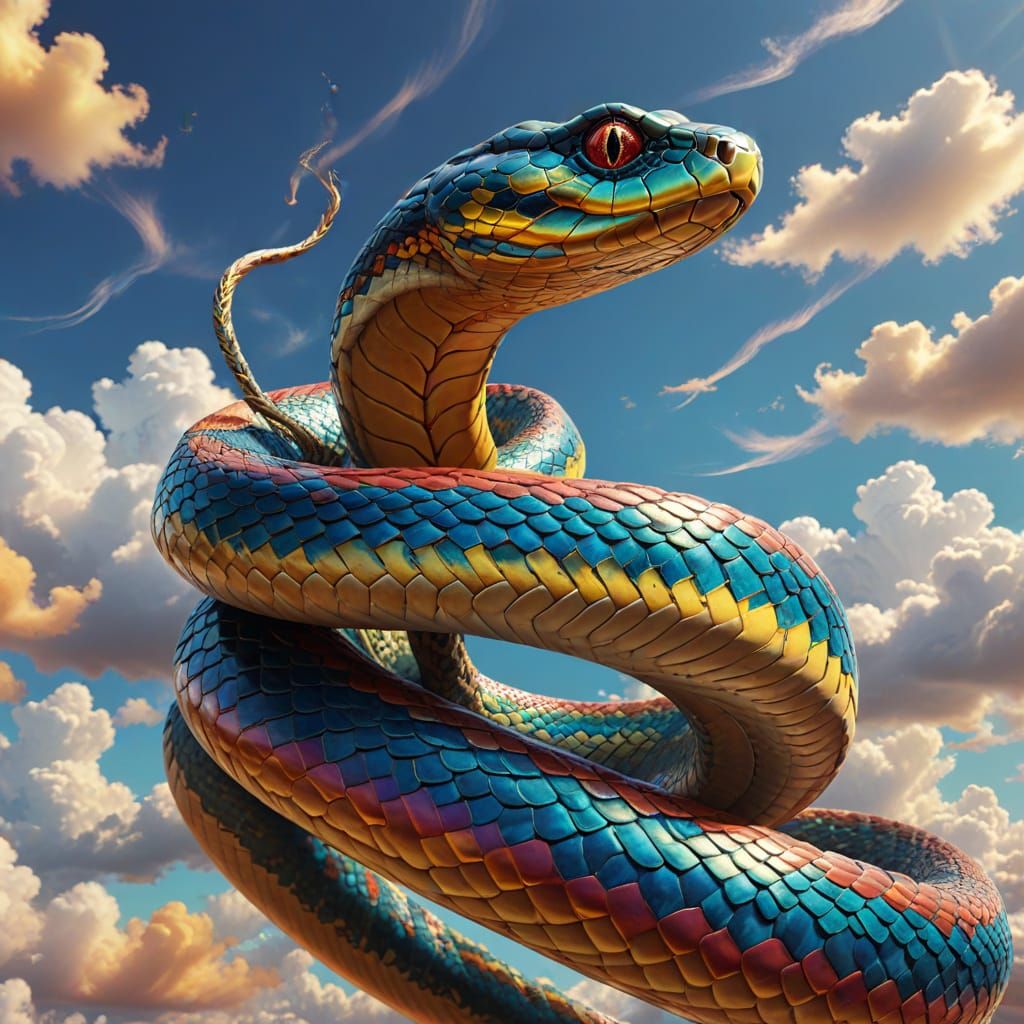 Majestic Iridescent Serpent Soars Through Dreamlike Skies