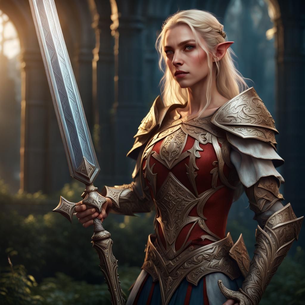 Fantasy Elf Maiden Warrior with Sword and Shield