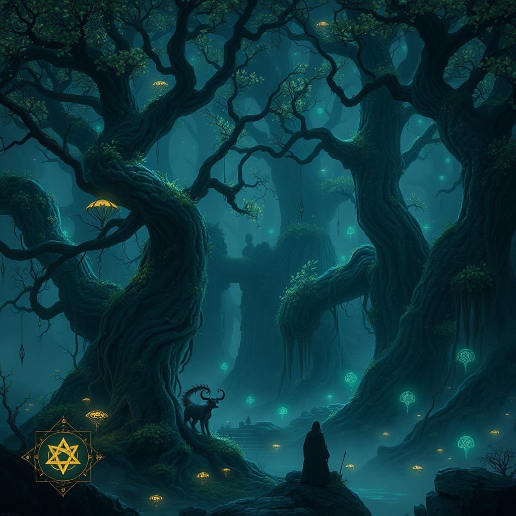 Enchanted Forest with Bioluminescent Flora and Arcane Ruins