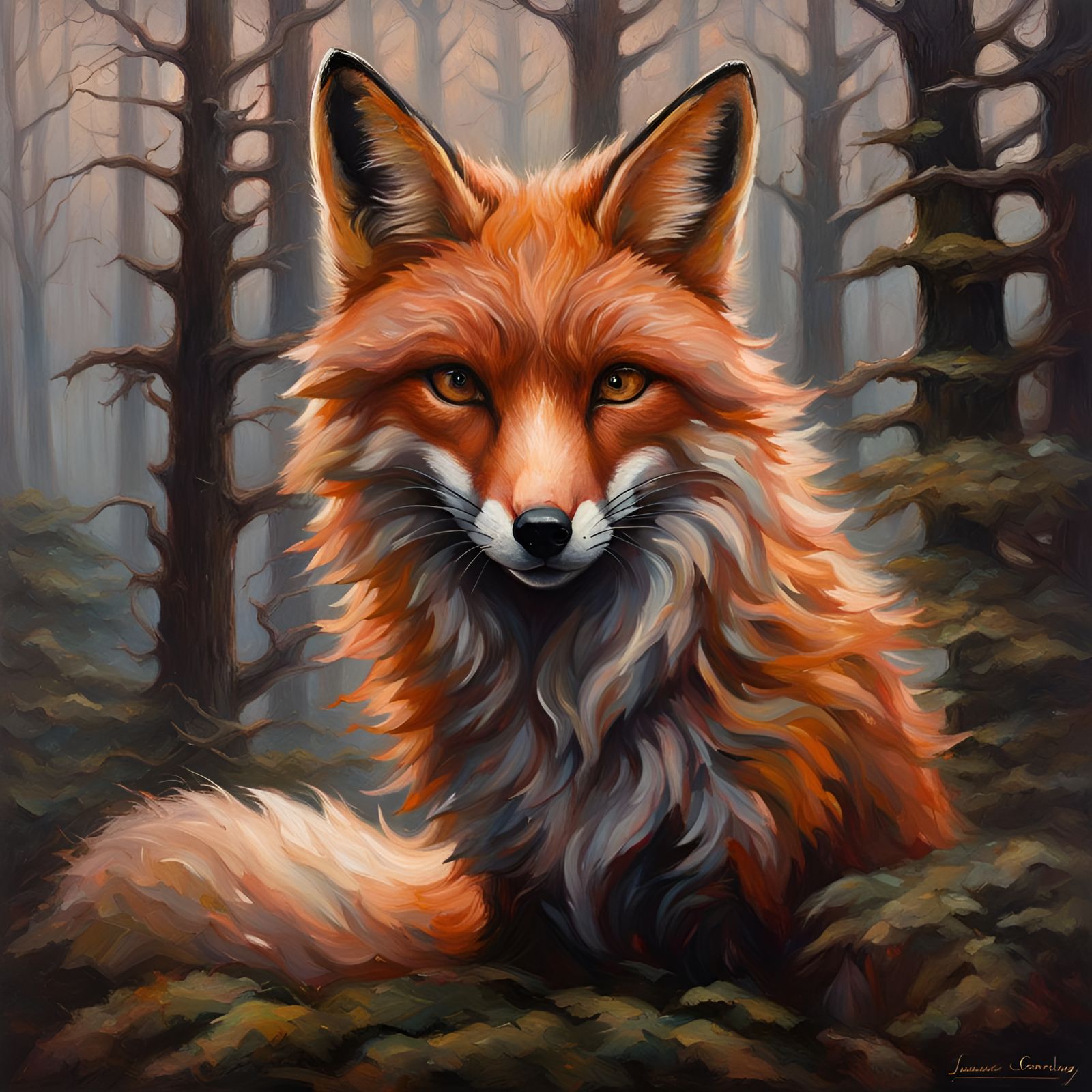 Rose Gold Fox in Mystical Forest, Oil Painting