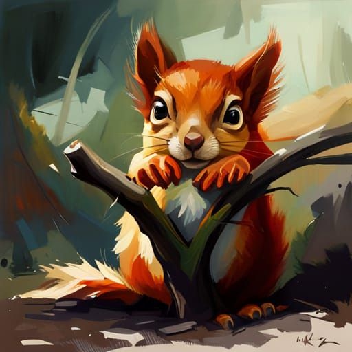 Expressive Oil Painting of an Adorable Red Squirrel