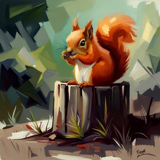 Adorable Red Squirrel Oil Painting, Expressive Design