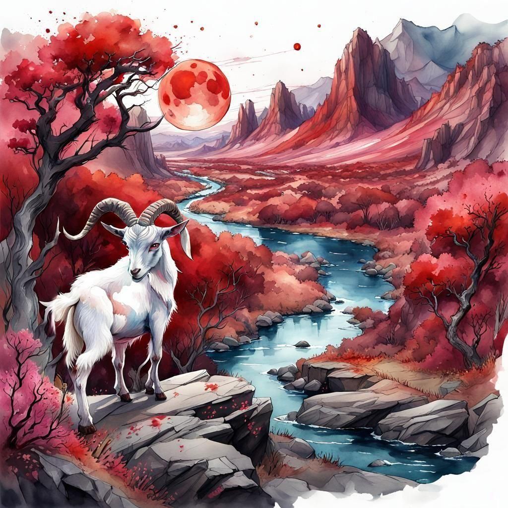 Blood Moon Landscape with River and Scapegoat