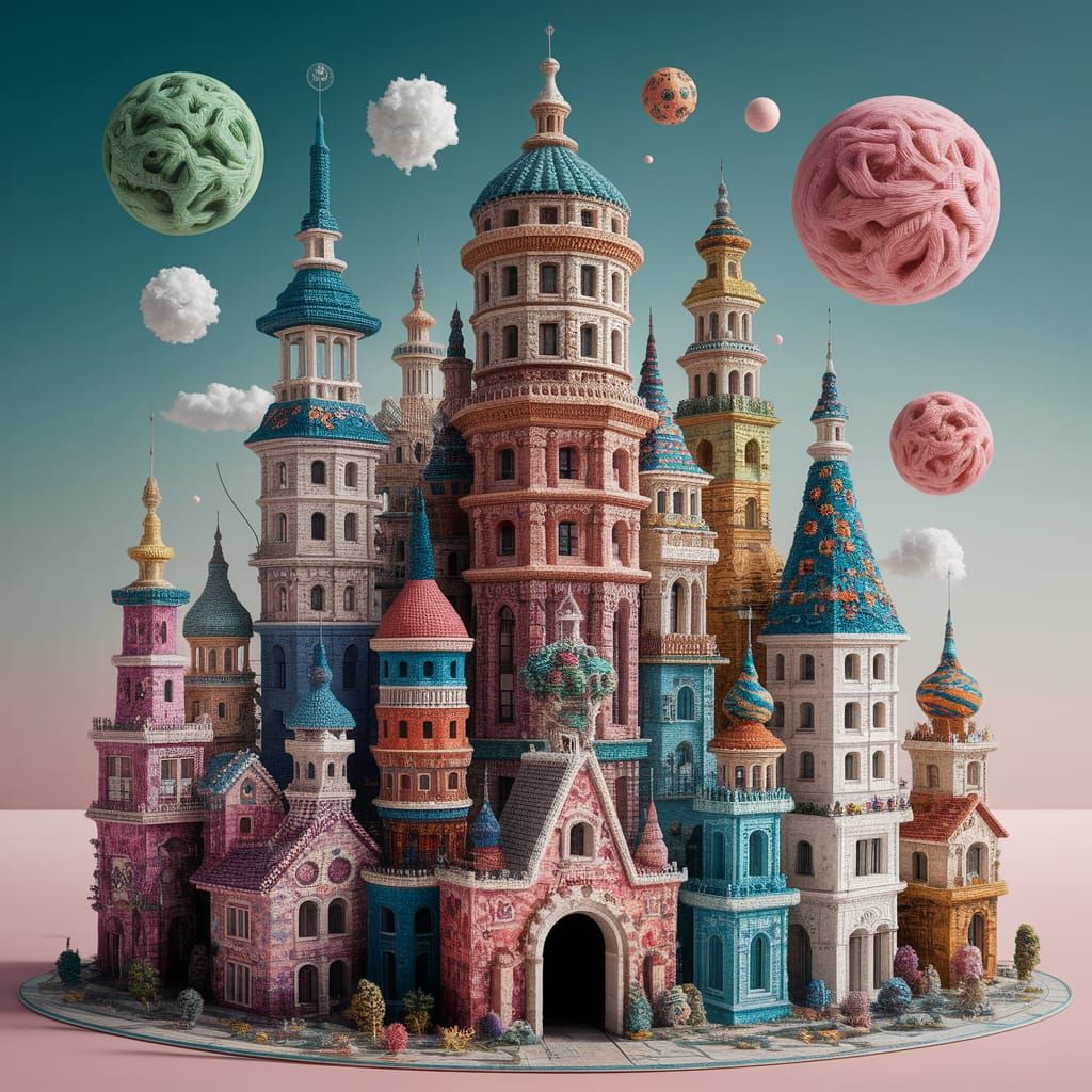 Intricate Surrealist City Crafted from Crochet Yarn