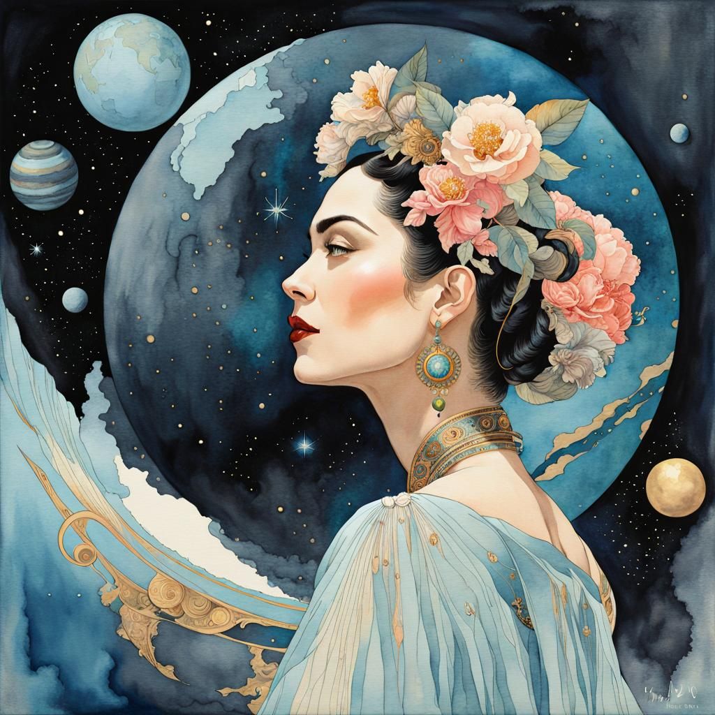 Stunning Woman in Cosmic Watercolor Landscape
