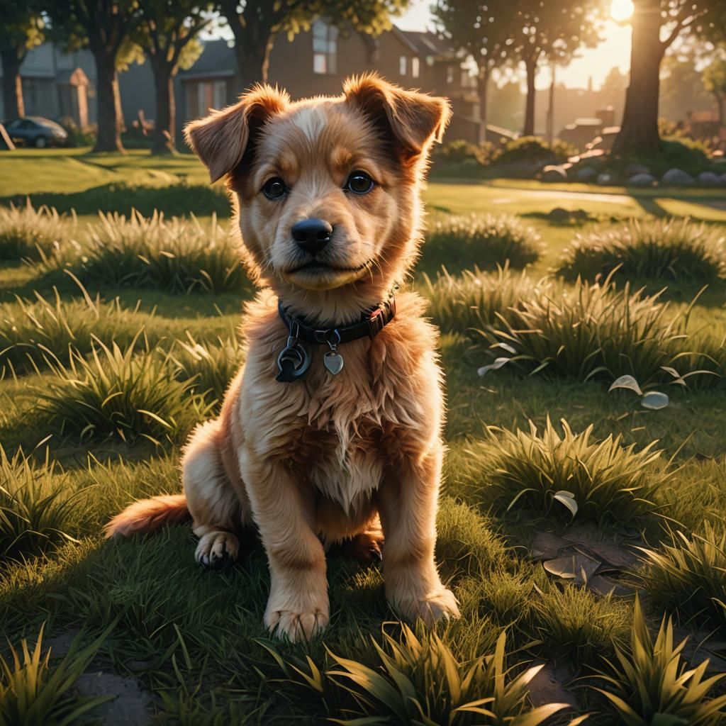 Fluffy Puppy Sitting on Green Grass at Sunset