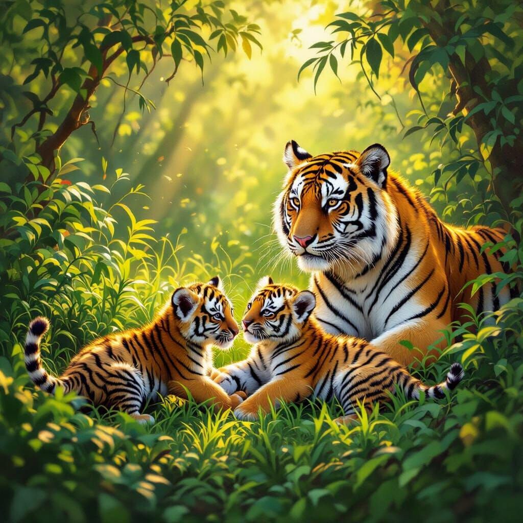 Tiger Family Playtime in Golden Hour Jungle