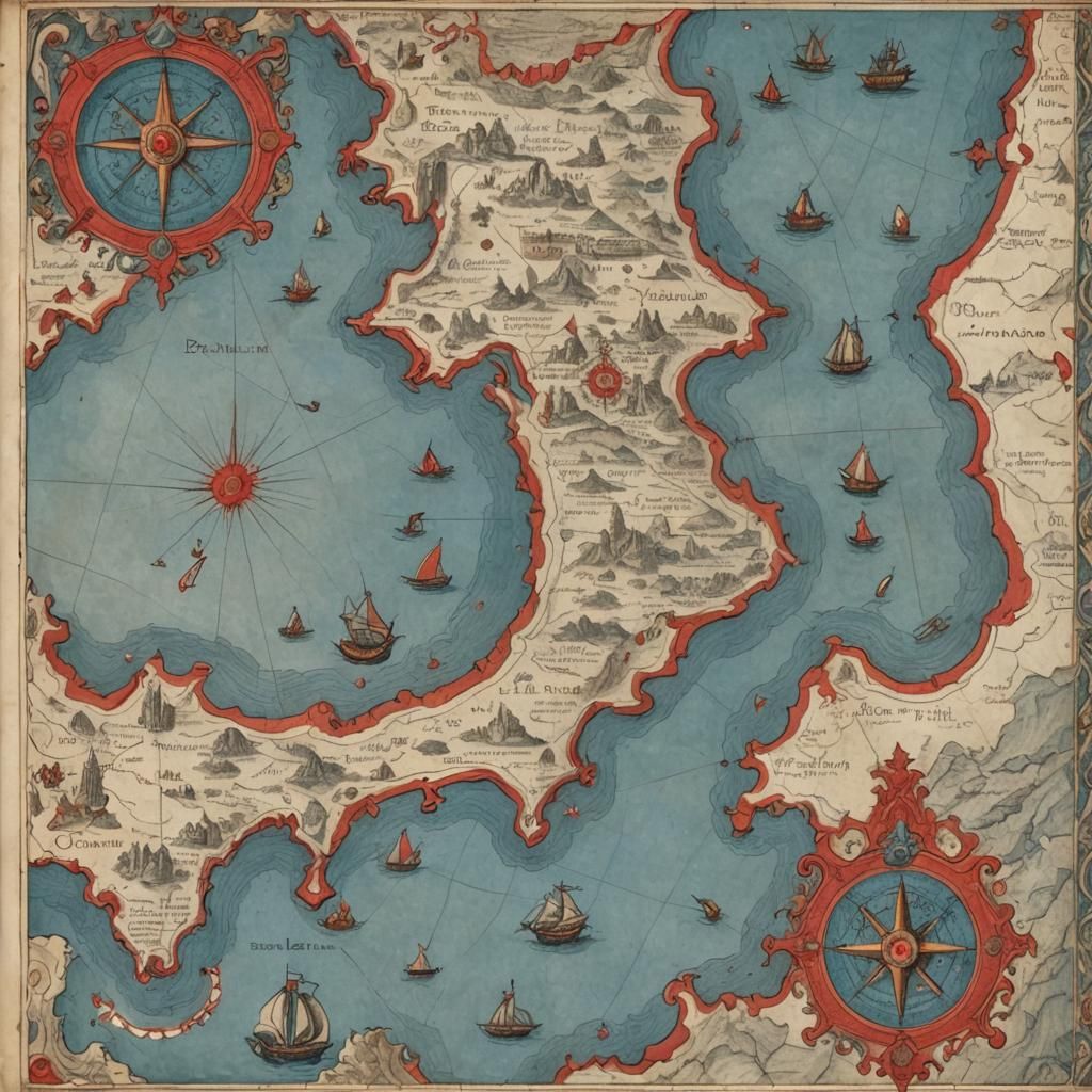 Fantasy Map with Intricate Border and Light Blue Sea
