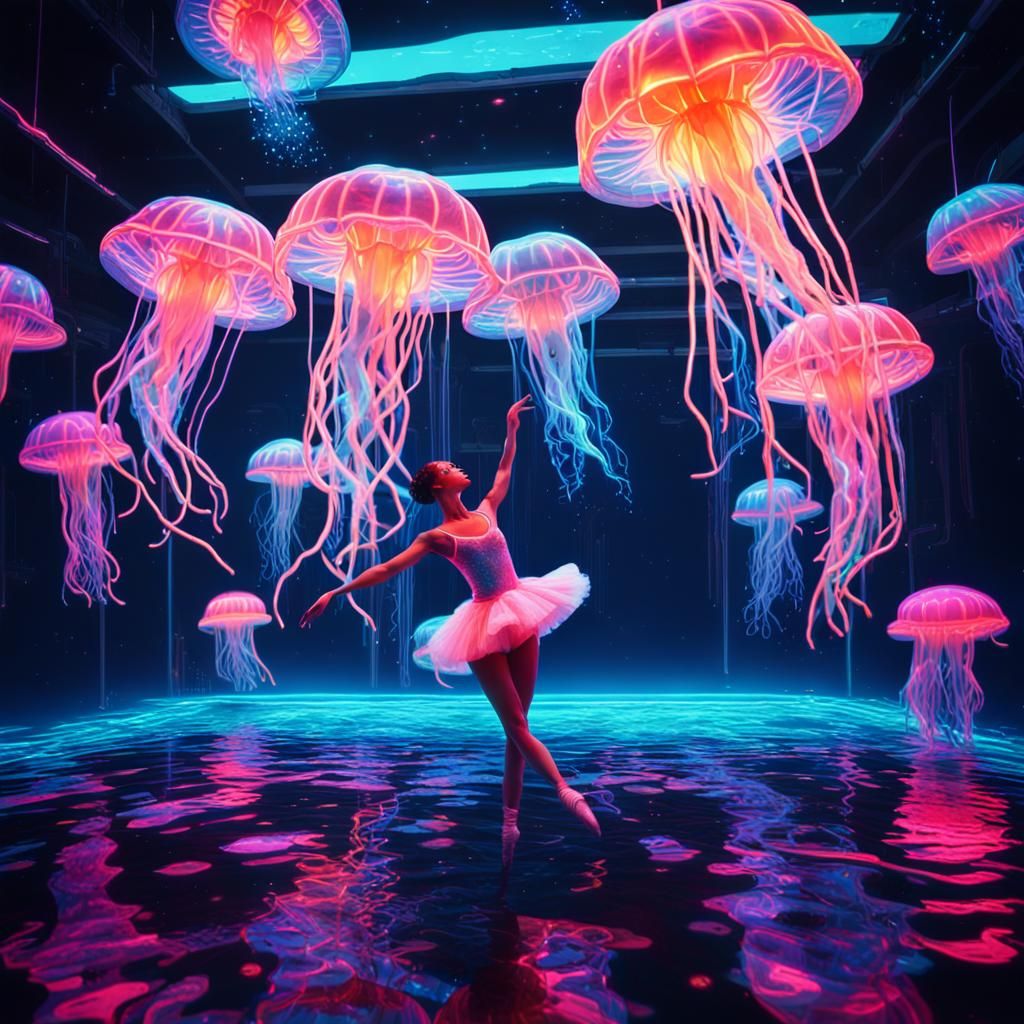 Neon Jellyfish Ballerina in Synthwave Underwater Scene