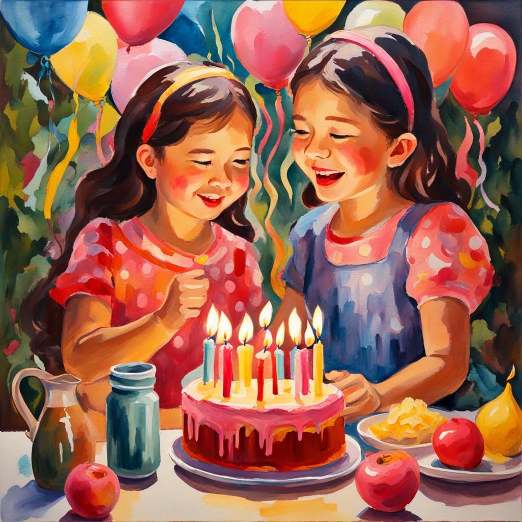 Sister's Birthday Celebration in Gouache Watercolor Style