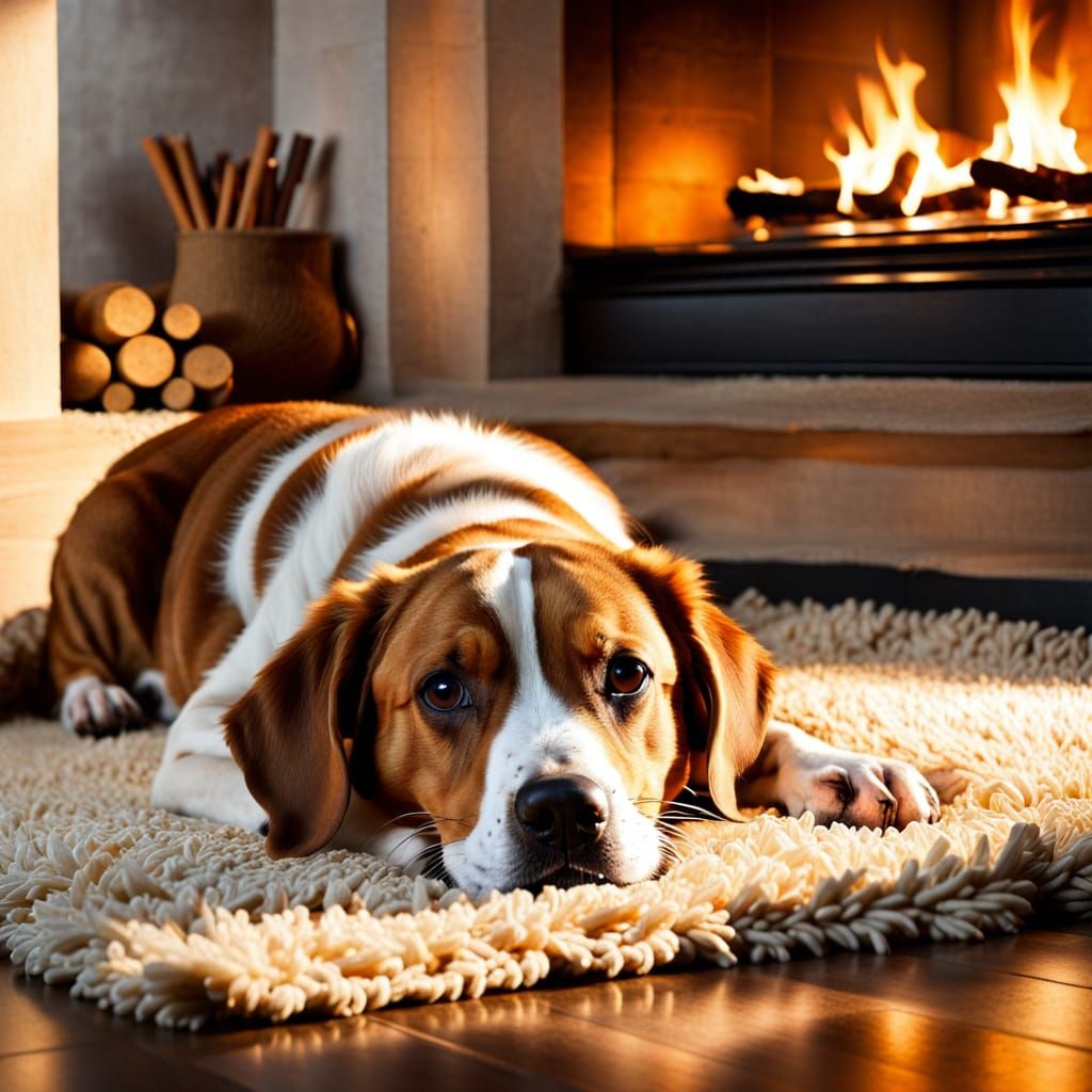 Cozy Dog by the Fireplace
