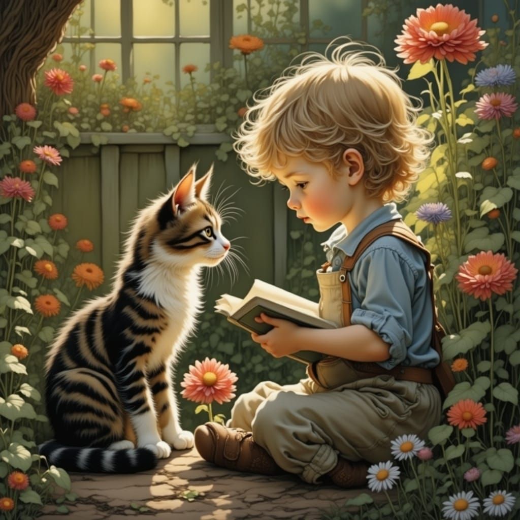 Child and Cat Play in Enchanting Garden