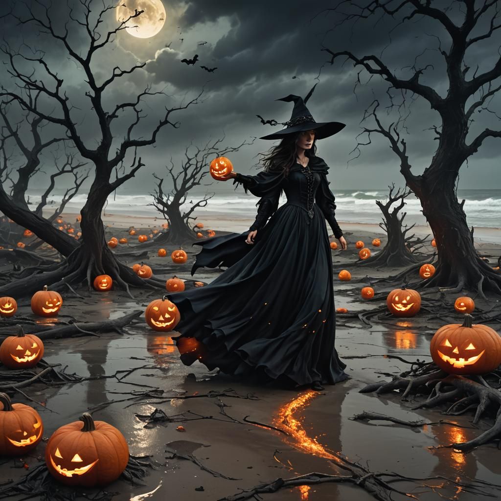 Halloween Witch on Stormy Beach in Splash Art Style