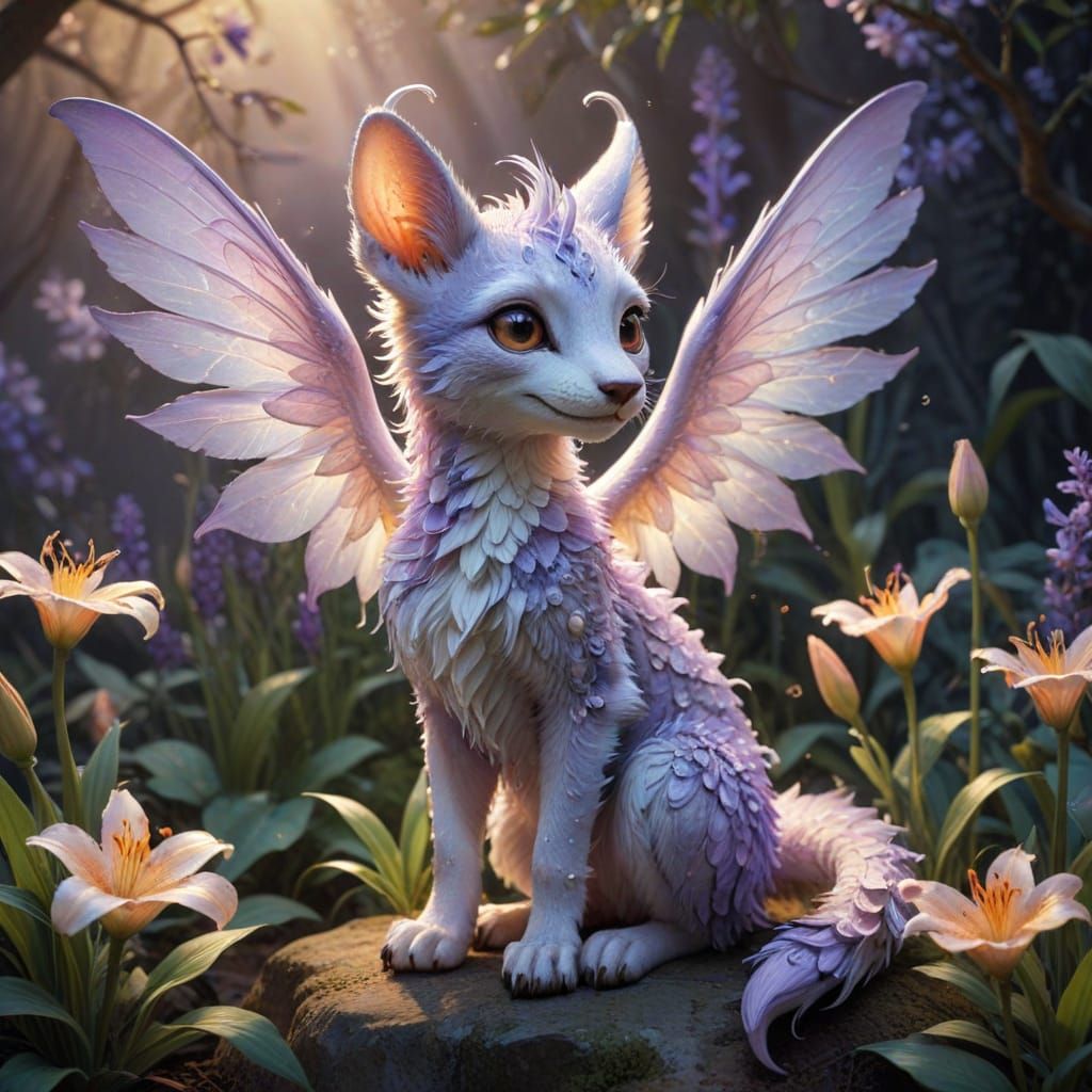 Whimsical Guardian with Lavender Fur and Bioluminescent Wing...