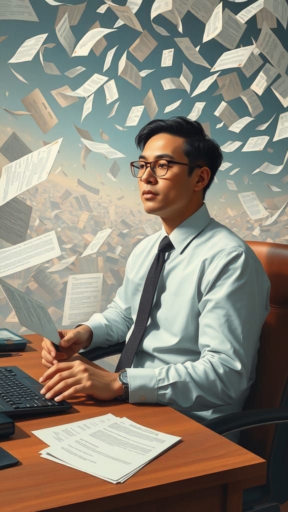 Surrealist Office Scene with Floating Papers in Ethereal Lig...