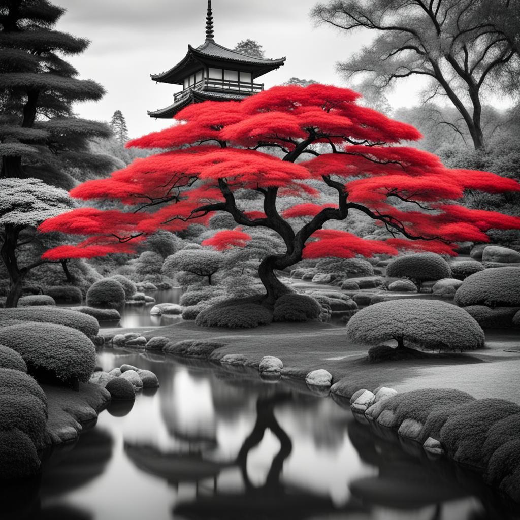 Monochrome Japanese Garden with Red Tree